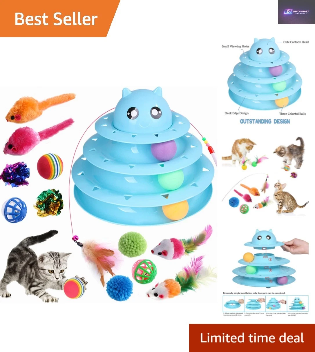 Colorful 14 PCS Indoor Cat Toy Set - 3-Level Track with Balls & Feather Wand Fun