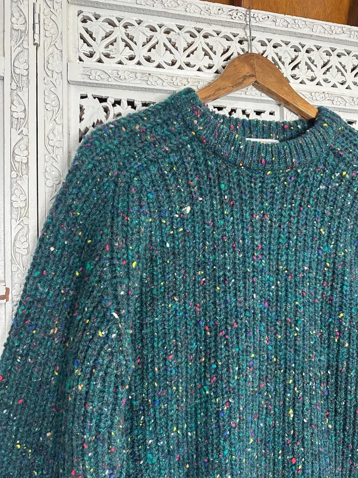 Vtg Gap Forest Green Rainbow Speckled Colorful 100% Wool Chunky Knit Sweater S/M - Image 2 of 4