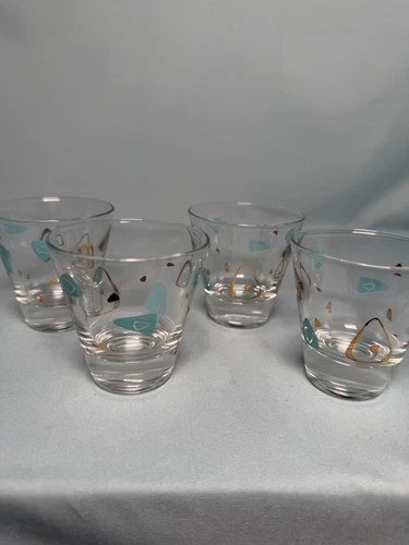 4 Federal Glass shot glasses. Turquoise Amoeba with Gold Boomerang. MCM Vintage