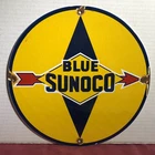 VINTAGE BLUE SUNOCO GASOLINE 11 3/4" PORCELAIN GAS SIGN SUN OIL COMPANY
