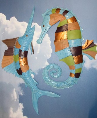 (2) Funky Beach House Decor XL Seahorse Swordfish Multi Color Wall Hangings