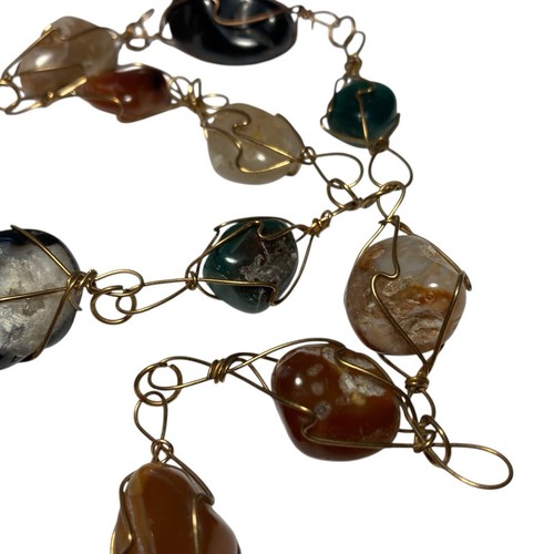 Vintage Gold Tone Caged Wire Wrapped Natural Gemstone Statement Necklace 32 Inch - Picture 2 of 20