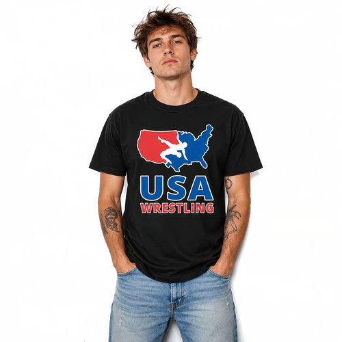 USA Wrestling Graphic T-Shirt Black Retro Sports Casual Tee