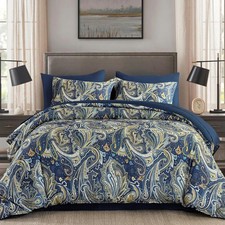 Paisley Comforter Set Queen Size Navy Gold Boho Bed in a Bag 7 Piece Soft