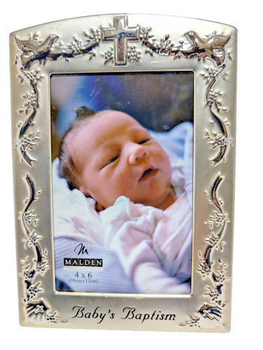 4" x 6" Malden "Baby Baptism" beautiful silvertone picture frame dove christian