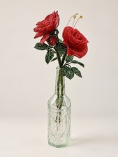 Pair Of Vintage French Beaded Flowers   Red Roses with Green Leaves   19  Tall
