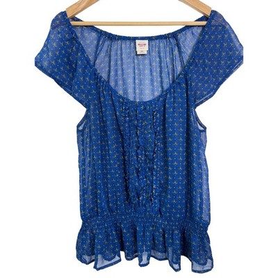 Mossimo Supply Co Sheer Boho Floral Print Top Women's XXL Blue Ruffle Hem