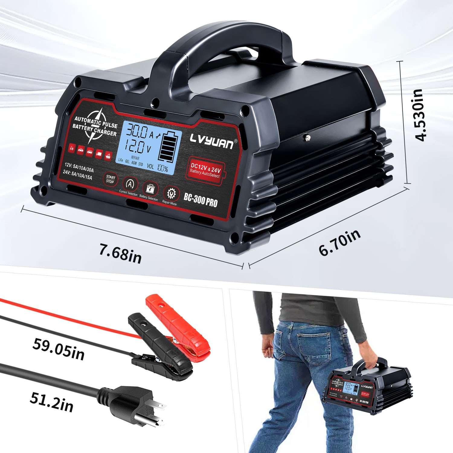 30A Smart Battery Charger 12V/24V Lead Acid Battery 12V LiFePO4 Battery Charger