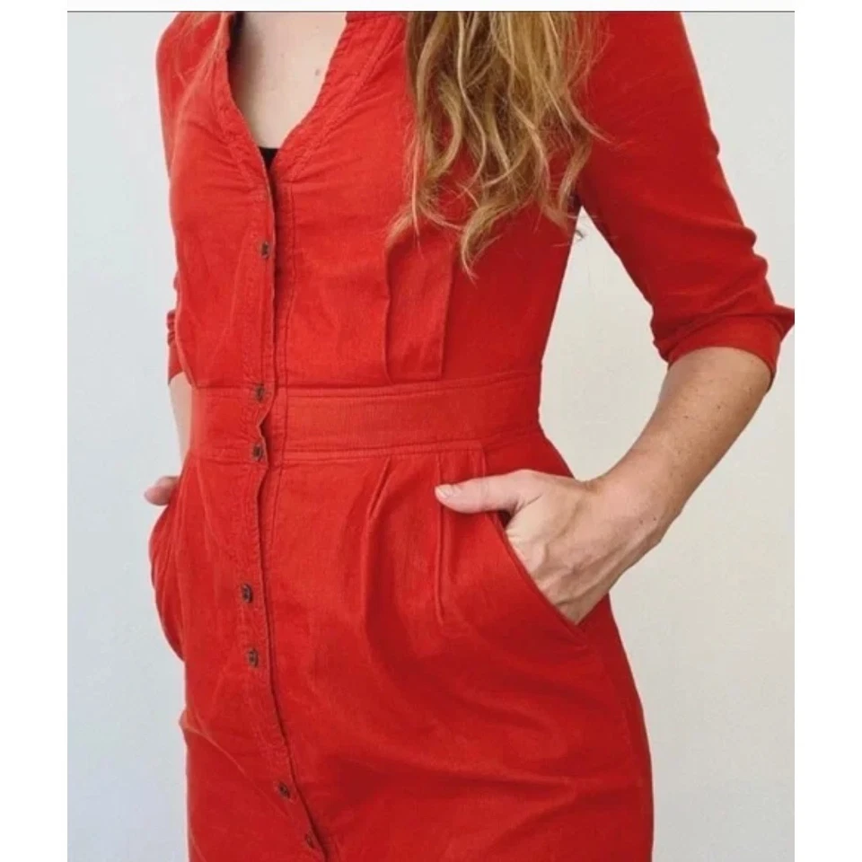 Vestido Maeve Anthropologie Mujer 8 Naranja Rojo Anaheim Pana Botón Delantero Midi Foto 3 de 4