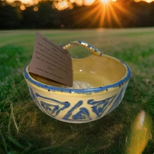 Studio Pottery Ceramic Garlic Ginger Grater Dish Dipping Bowl Blue Yellow Signed