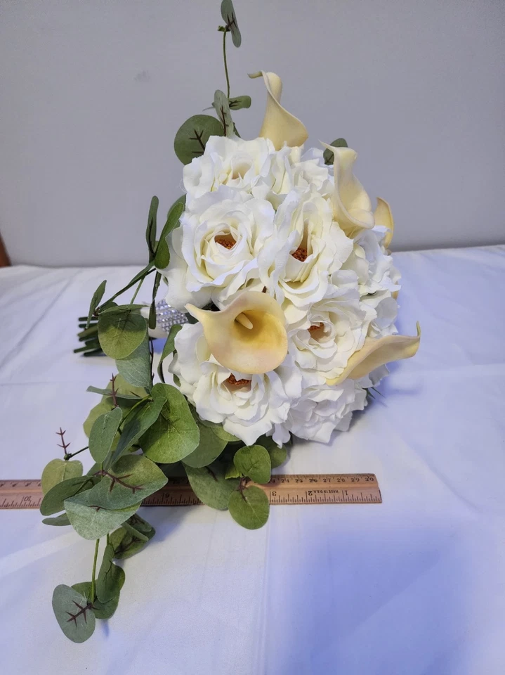 Cream & Ivory Faux Bridal Bouquet with Realistic Eucalyptus & Calla Lilies - Image 2 of 2