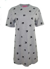 Alexander McQueen McQ T-Shirt Dress Velvet Swallow Bird Grey & Black 4 8 XXS S