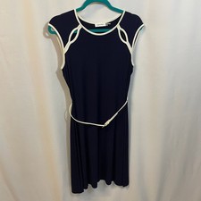 Calvin Klein Navy Blue White Piping Belted Fit & Flare Cap Sleeve Dress 4