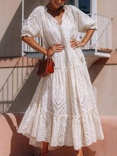 Ivory Eyelet Tiered Dress with Tie Neck  Puff Sleeve