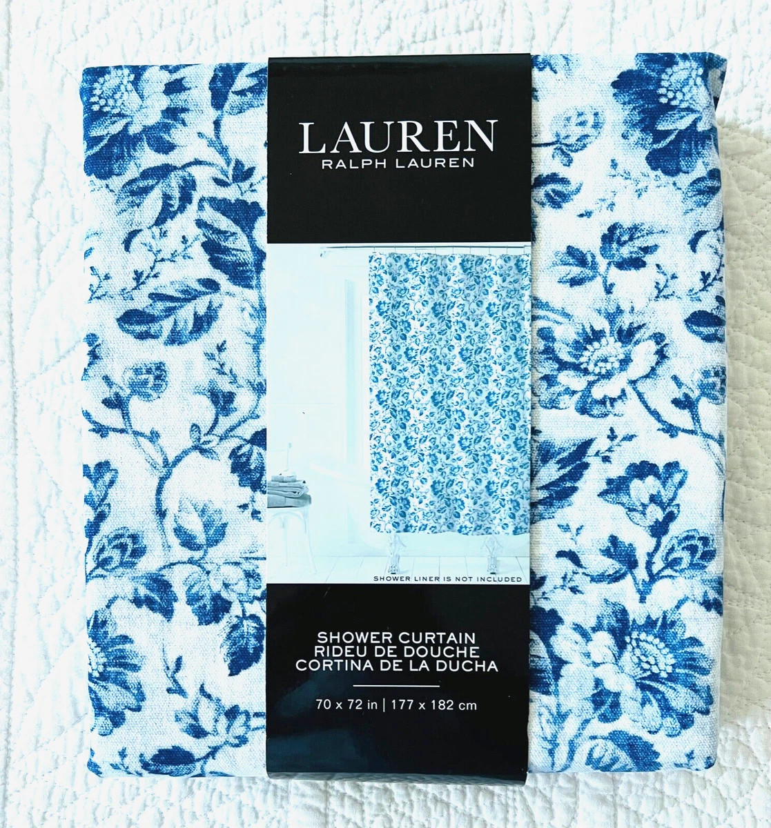 NWT Ralph Lauren Cotton Shower Curtain Blue White Floral Farmhouse