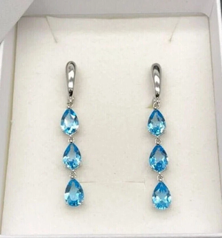 3Ct Birne Schliff Labor Erstellt Blau Topas Damen Tropfen Ohrringe 14k Weiß Gold - Bild 3 von 4