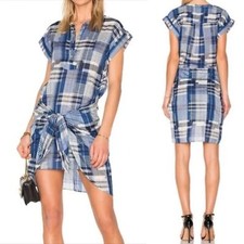 THEO Ulla Johnson Blue White Plaid Cotton Tie Front Mini Henley Dress