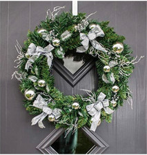 Christmas Silver Wreath Decoration Xmas Door Artificial Bows Baubles Decor 50cm