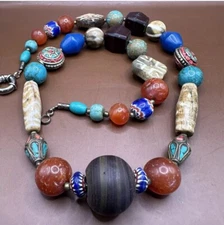 Vintage carnelian turquoise Agate, pumtek Chevron And Glass Old Beads necklace