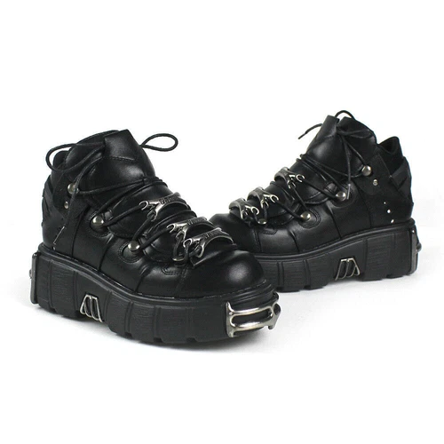 New Rock Boots mit metallischer schwarzer Lederplattform Schuhe - Bild 2 von 17