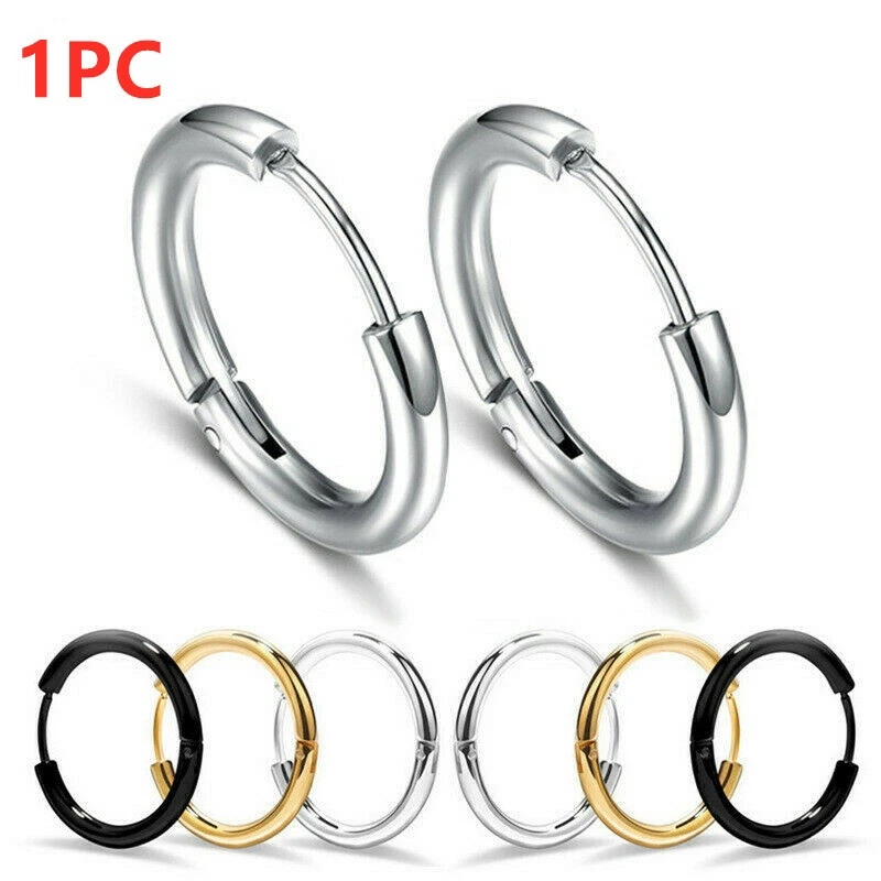 1PC Fashion Jewelry Titanium Steel Hoop Buckle Earrings Studs Mens Women Circle - Image 2 of 4