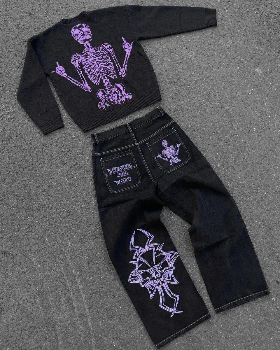 Vomanie 限定版 紫 スカジャン freesize y2K hiphop Y2k Jeans Hip Hop Letter Graphic Print Baggy Jeans Denim