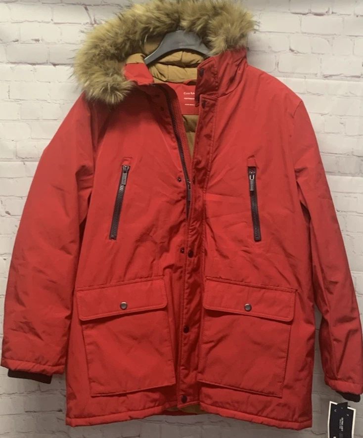 Club Room Macy's Medium Men's Parka Coat Faux Fur Hooded Red NEW Water Resistant