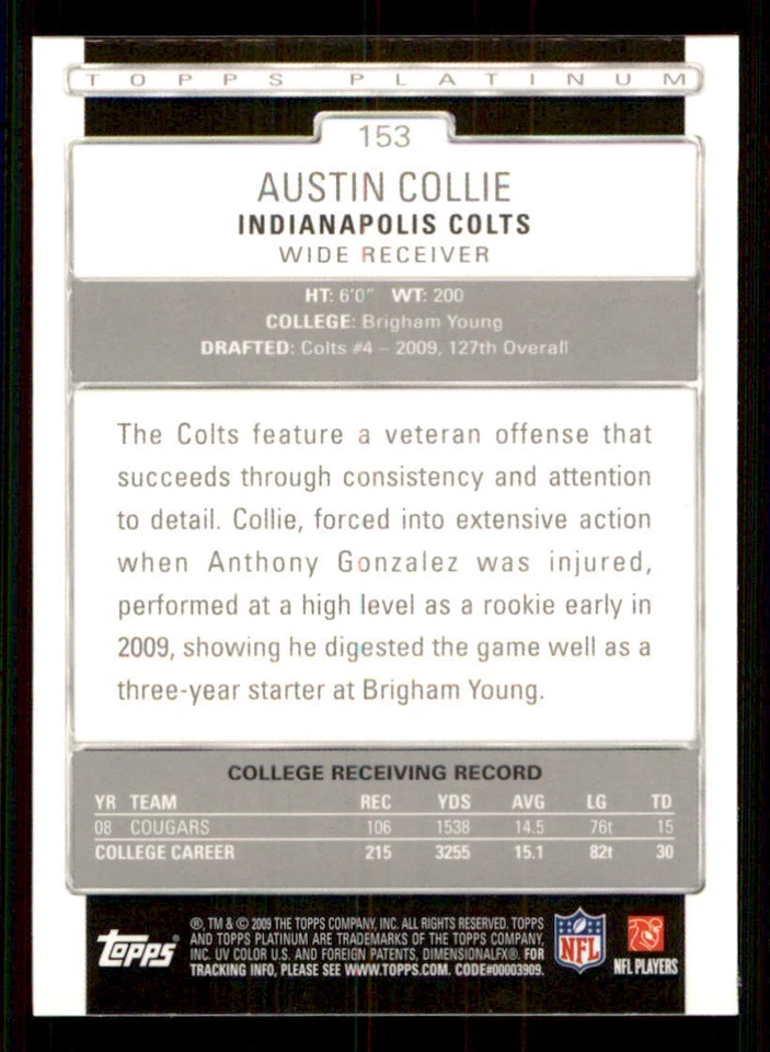 2009 Topps Platinum #153 Austin Collie RC - Image 2 of 2