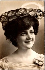Postcard RPPC Pretty Woman Hat Flowers Portrait Unknown D179