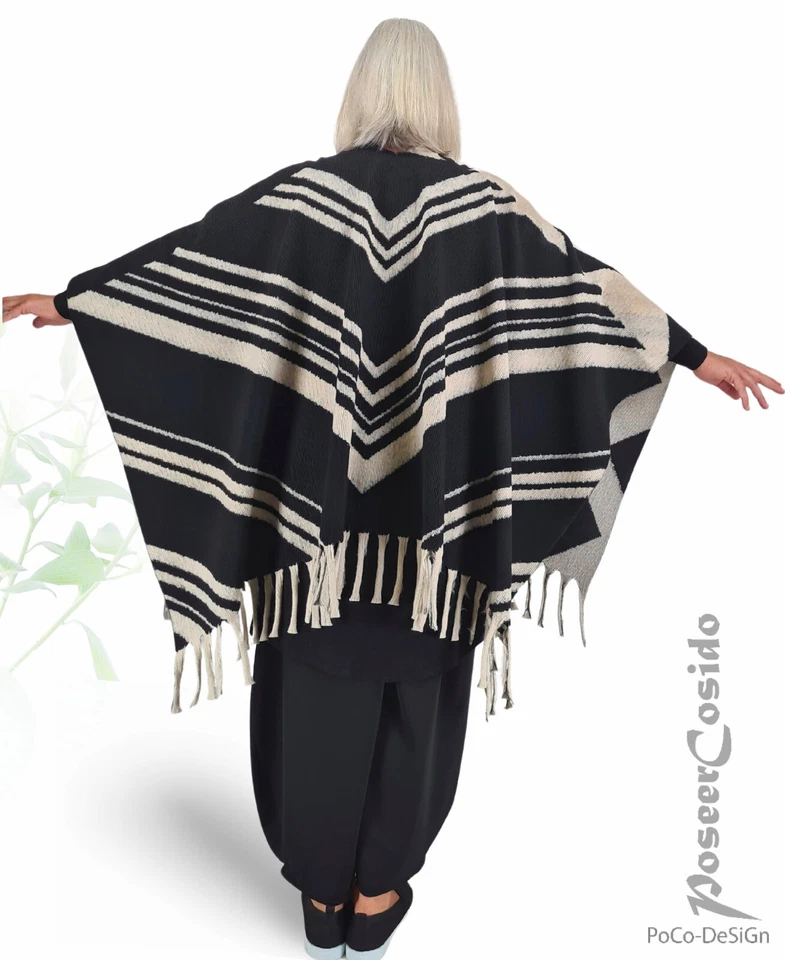LAGENLOOK Poncho Pullover Überwurf Jacke 42 44 46 48 50 52 54 56 58 schwarz ecru - Bild 2 von 4