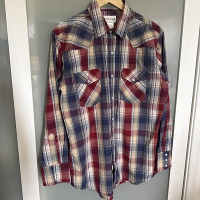 John Blair Pearl Snap Button Shirt Men s Size Medium Red White Blue EUC
