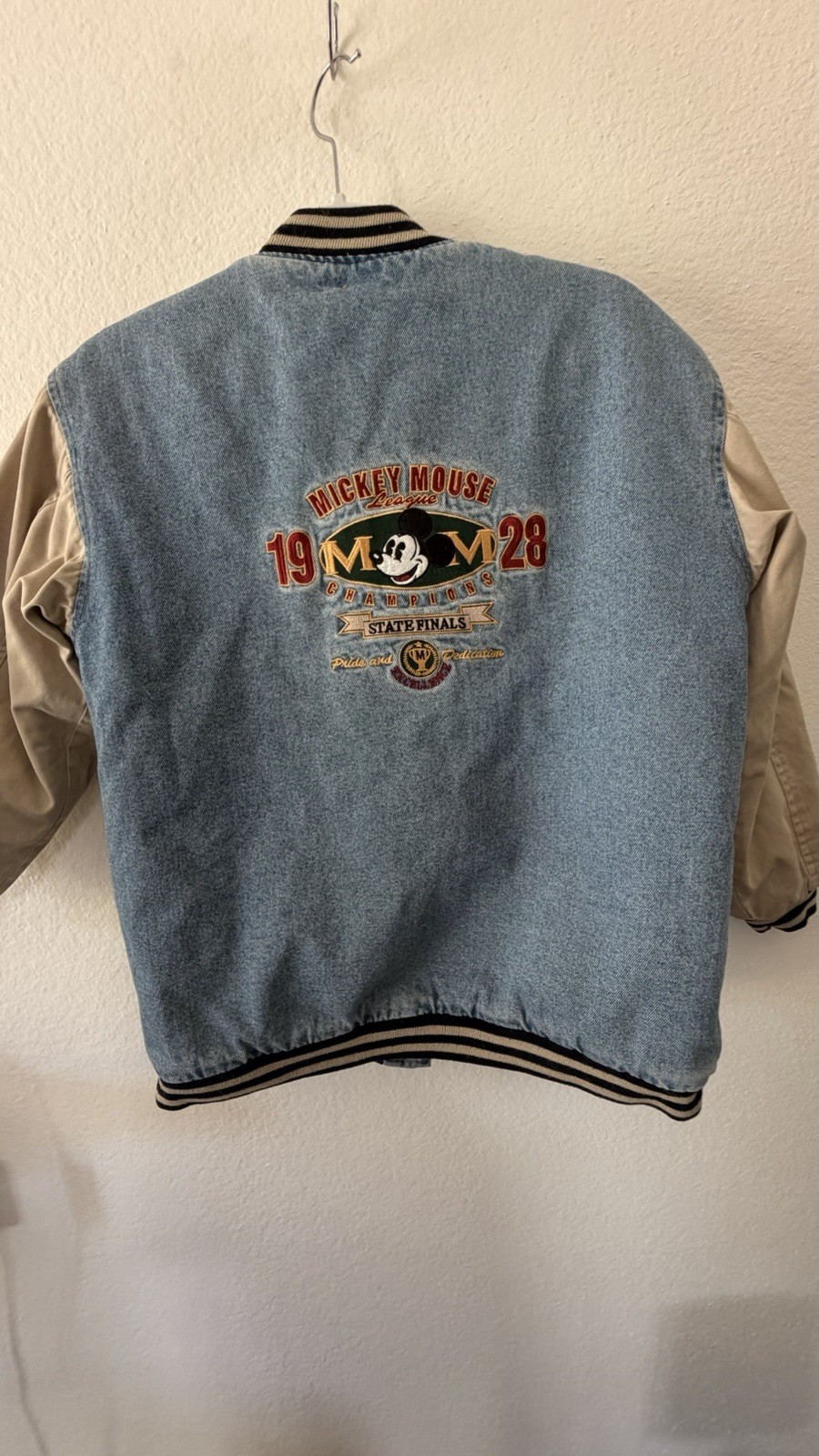 Disney Vintage 90s Mickey Mouse Unisex Kids Denim Varsity Jacket  Size L image 2