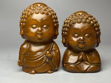 3" China Exquisite Boxwood Carved Shakyamuni Sakyamuni Buddha Statue Pair B206