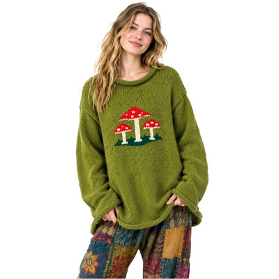 Handmade 100% Wolle Regenbogen Pilz Pullover - Oversized Boho Unisex Pullover