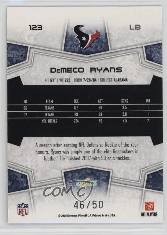 2008 Score Select Gold Zone /50 DeMeco Ryans #123 - Image 2 of 2