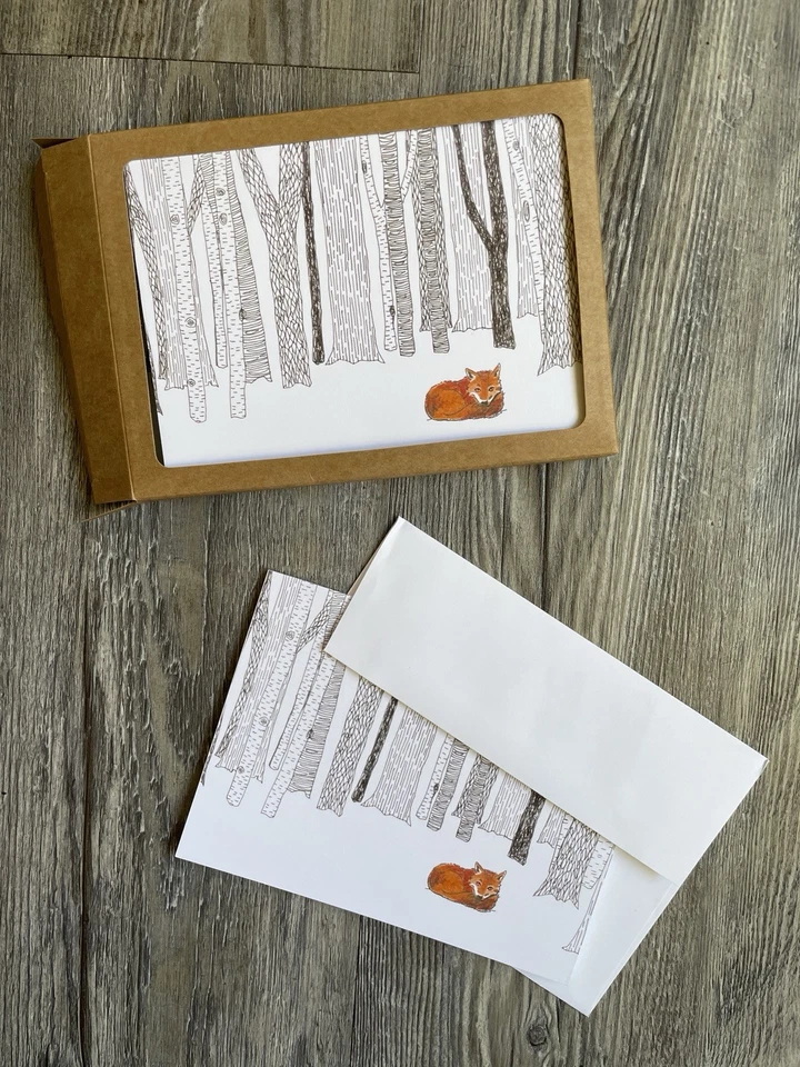 Оригинальная художественная лиса в зимнем лесу коробка 10 пустых поздравительных открыток и конвертов - Изображение 2 из 4