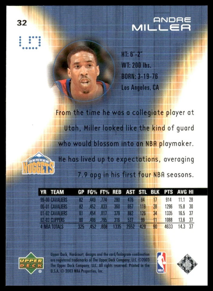 2003-04 Upper Deck Hardcourt #32 Andre Miller Denver Nuggets NM+ - Image 2 of 2