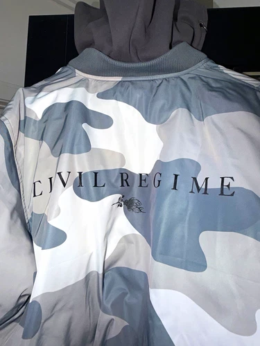 Civil Regime Gray White Camo Hooded Satin Full Zip Bomber Jacket Men’s M - product listing photo