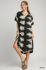 Umgee Black Abstract Print Midi Dress w/ Hi-lo Hemline