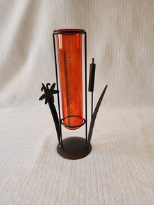 Vintage Rain Gauge Metal Stand Glass Tube Butterfly Cattail Garden Decor 10"