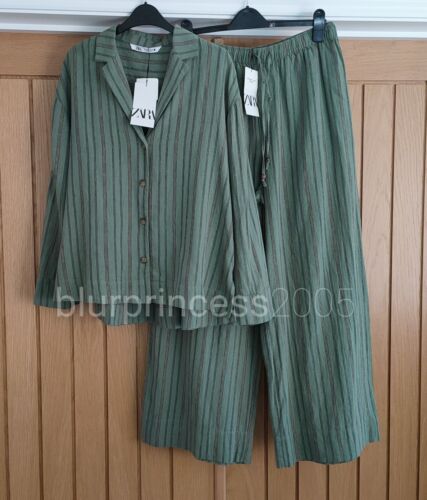ZARA CO ORD Linen Trousers Wide Leg & Shirt Green Stripe Summer Loungewear S M L - Afbeelding 1 van 22