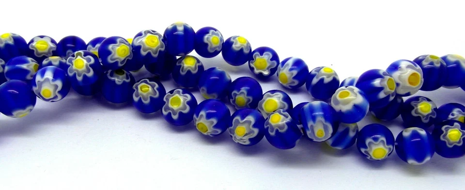 Millefiori Flower Glass Beads Blue & Yellow 8mm Approx 45pcs Featured Jewellery - Image 4 of 4