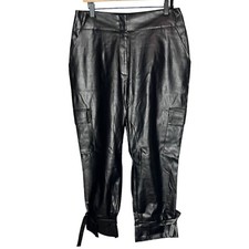NY C Women's M Faux Leather Cargo Jogger Pants Black Ankle Tie Trendy Grunge New