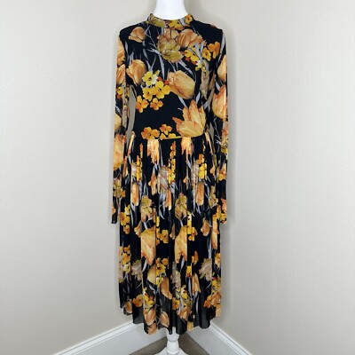 topshop floral mesh dress TopShop Y.A.S. Black & Orange Floral Mesh Mock Neck Long Sleeve Midi Dress  Sz L