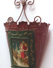 Wall Pocket Half Bucket Red 1990's Christmas Santa Distressed Metal Decorative