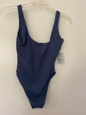 Camille Kostek The Alina Crinkle One Piece Bathing Suit DARK BLUE Size S