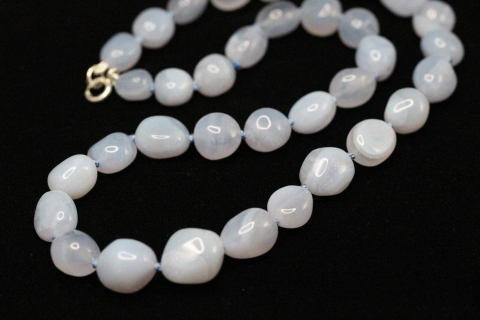 Colar de nó de seda amarrado à mão pedra preciosa azul calcedônia prata esterlina 925 18" - Imagem 3 de 4