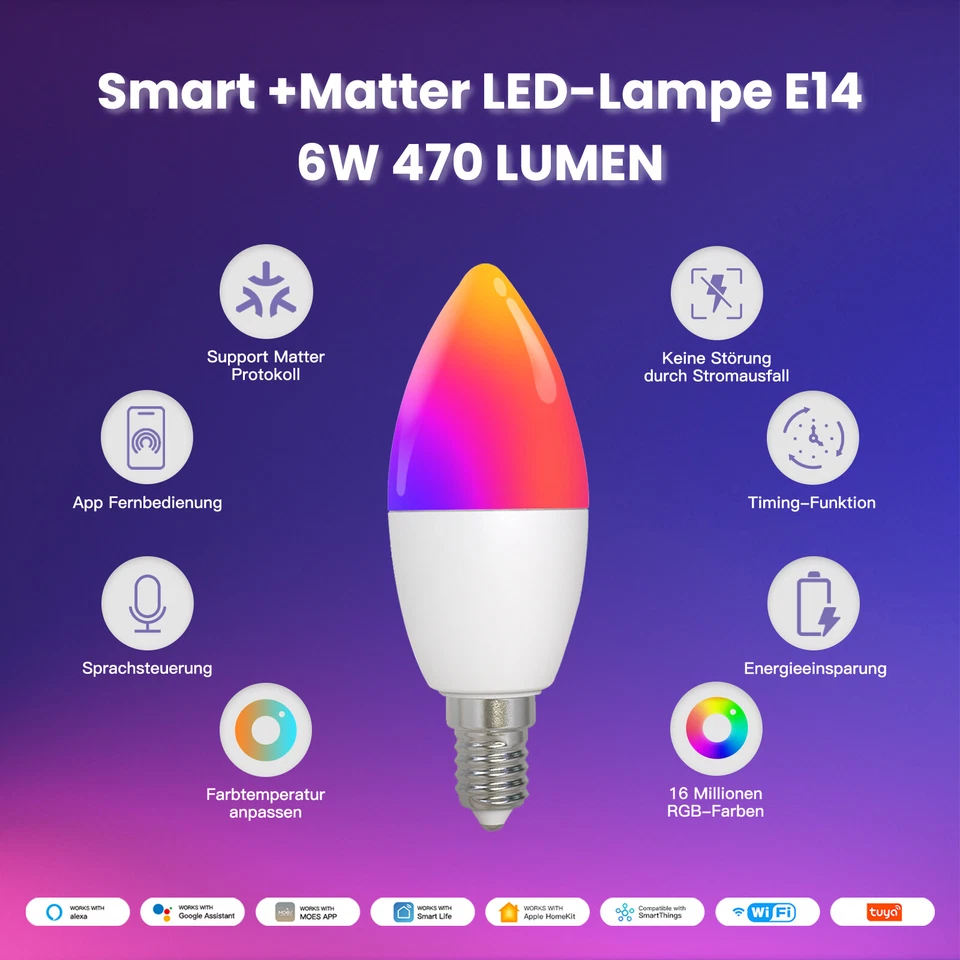 MOES Smart Matter Glühbirne E14 WLAN LED Leuchtmittel RGB Dimmbar Lampe 6W 470LM - Bild 2 von 4