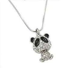 NEW CRYSTAL  SILVER CUTE NODDING HEAD PANDA BEAR PENDANT NECKLACE