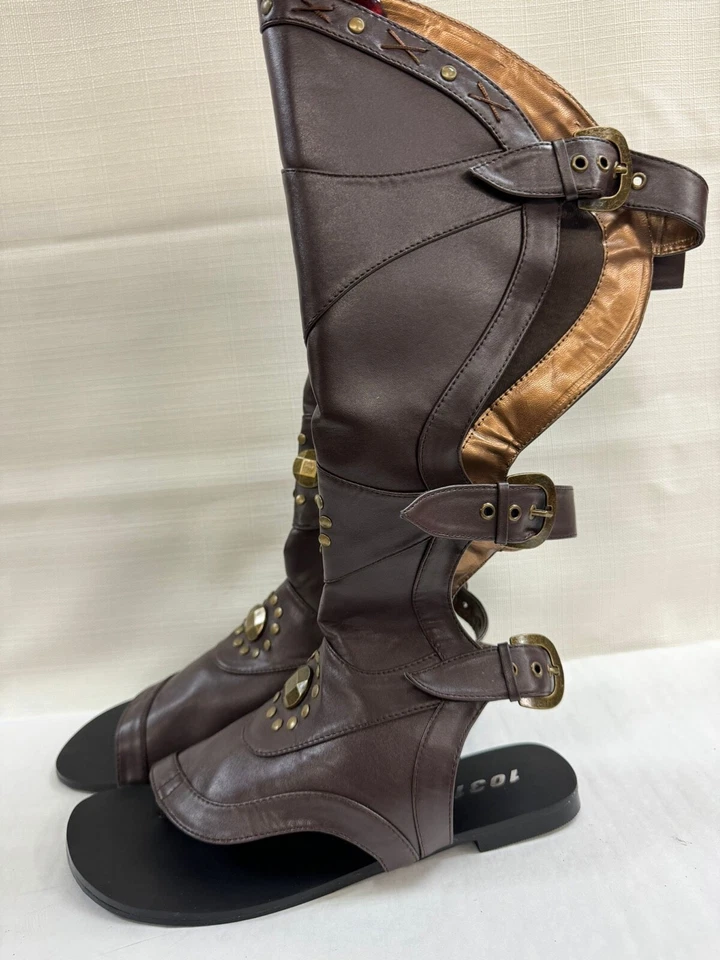 Bota Destroyer Marrón Punta Abierta Hasta la Rodilla Sandalia Plana Gladiador Guerrero Foto 3 de 4